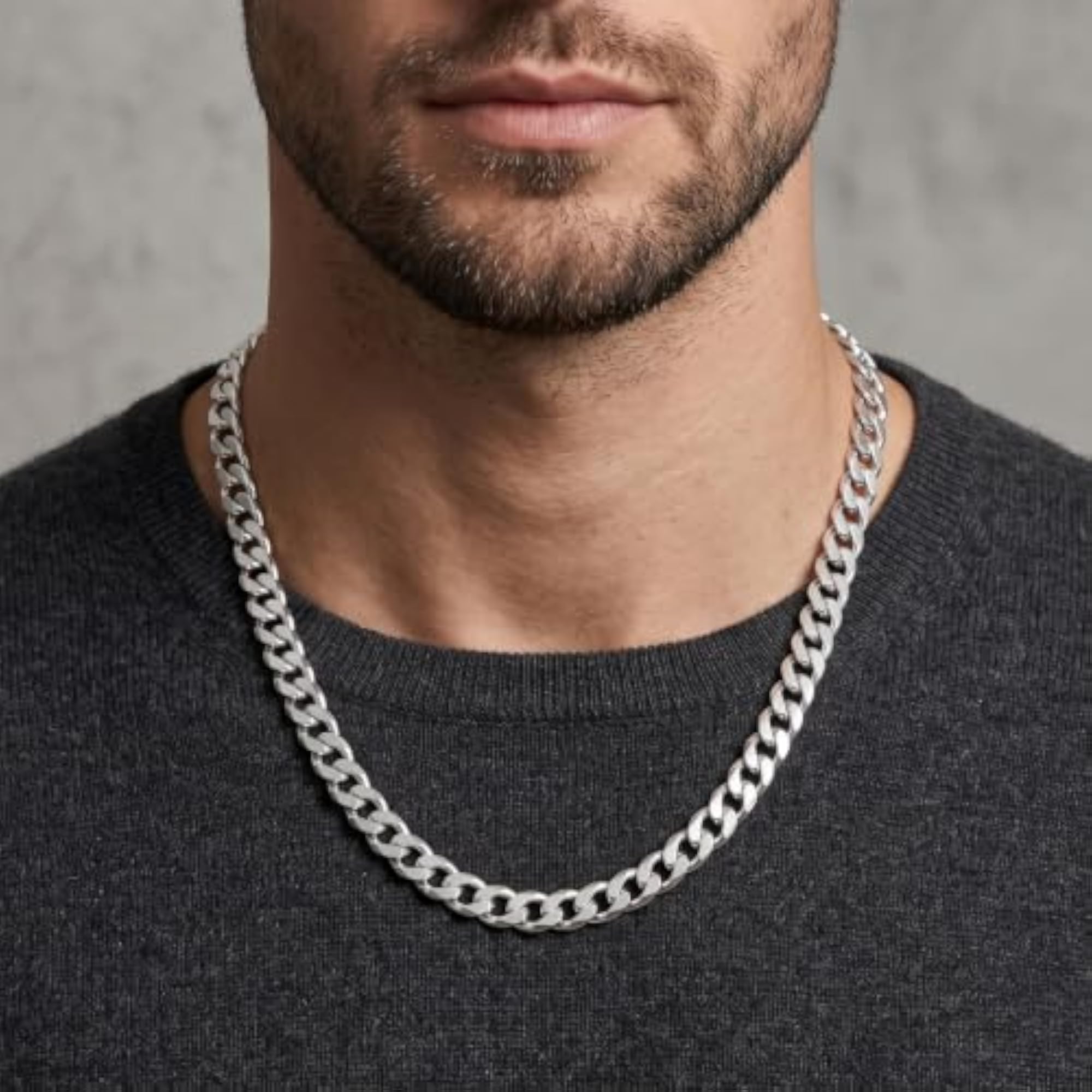 Stainless Steel Silver-Plated Heavy Cuban Link Chain Necklace for Men